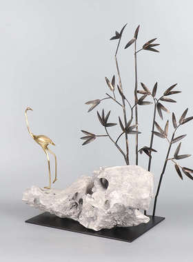 新中式仙鹤石头竹子样板间茶室酒店艺术客栈玄关禅意软装饰品摆件