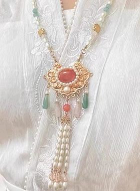 国风粉色蝴蝶璎珞背云流苏项链新中式古风汉服马面裙旗袍配饰装饰