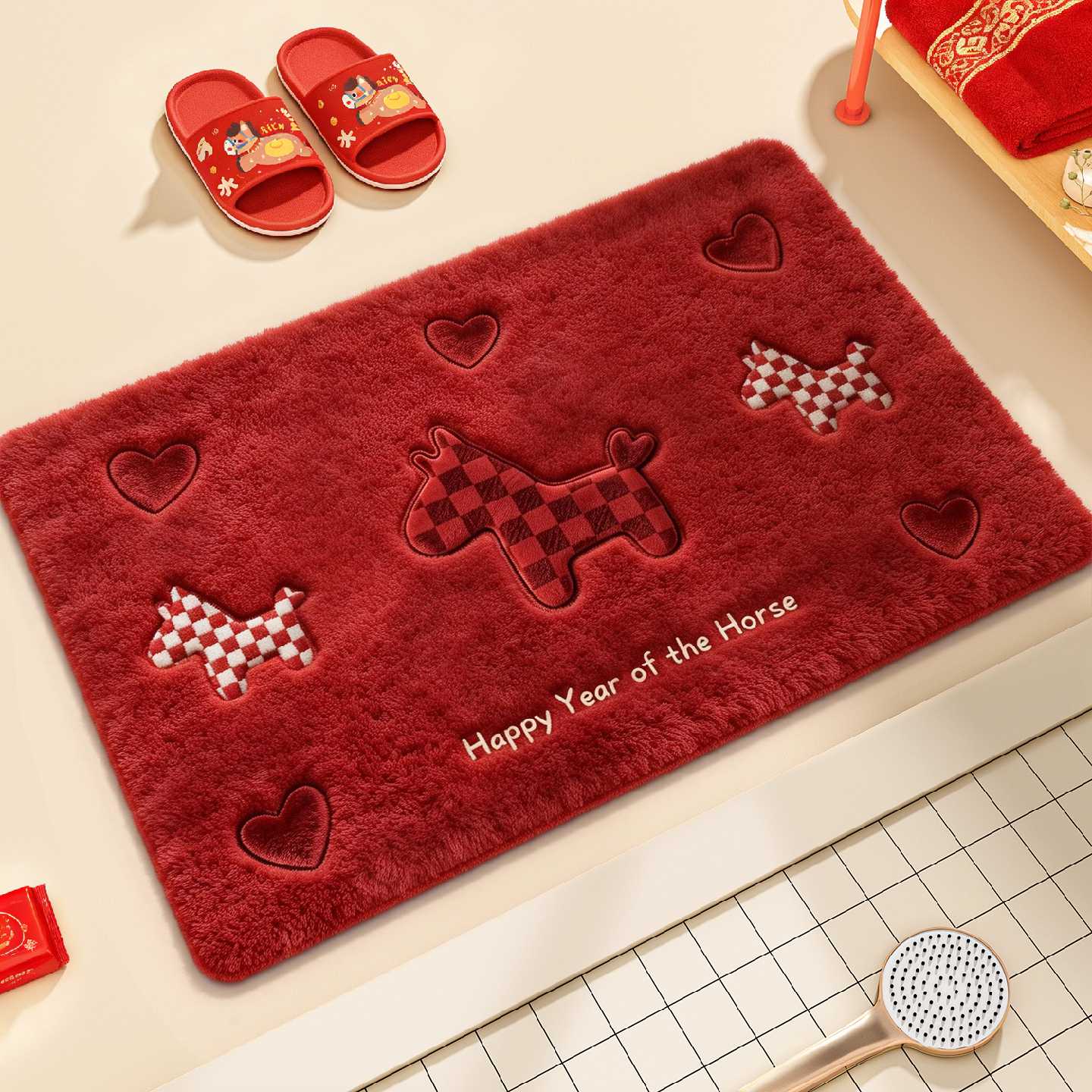 Red Year of the Horse Bathroom Floor Mat Bathroom Water-Absorbent Anti-Slip Mat 2026 New Toilet Door Plush Carpet