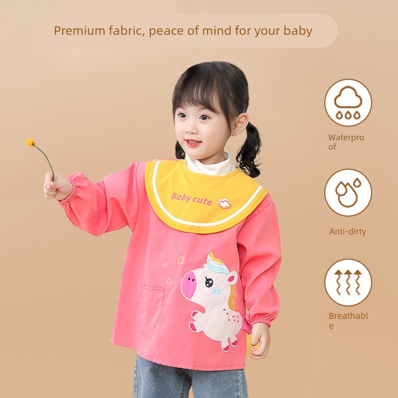 Baby smock, eating bib, autumn and winter children's long-sleeved waterproof, anti-dirty reverse dressing, baby rice pocket, kindergarten apron