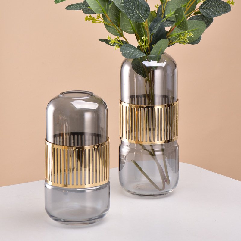 现代北欧玻璃花瓶轻奢风格金色客厅电视柜餐桌玄关后插花铁艺摆件 - 图0