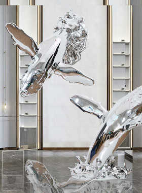 酒店大堂落地海豚雕塑艺术品售楼处别墅展厅玻璃钢电镀软装置摆件