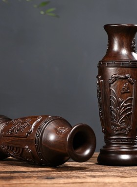 黑檀木雕刻花瓶摆件家居客厅插花梅兰竹菊红木装饰工艺品乔迁送礼