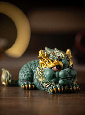 创意可爱水火麒麟公母一对彩金高档精品家居客厅桌面装饰摆件送礼