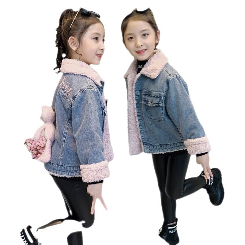 女童外套2023秋冬新款韩版洋气加绒加厚羊羔毛儿童牛仔上衣女大童
