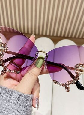 2024新款大框镶钻蝴蝶太阳镜时尚拍照表演道具眼镜女墨镜防紫外线