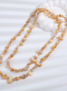 复古不规则天然贝壳项链女双层叠戴彩色串珠吊坠锁骨链度假风配饰