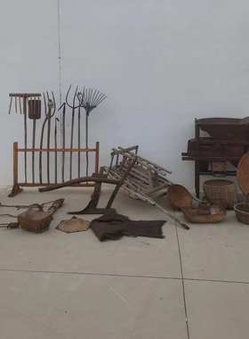 老物件民俗怀旧农具手工提篮风车米斗手推车木犁牛套复古摆件道具