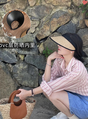 侧面cm空顶草帽女夏防晒遮阳帽防紫外线帽子草编大帽檐发箍太阳帽