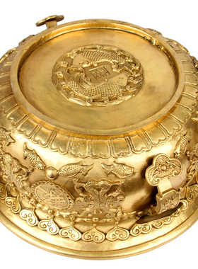 厚德居 黄铜款铜双龙开口聚宝盆摆件铜盆客厅玄关店铺开业礼品