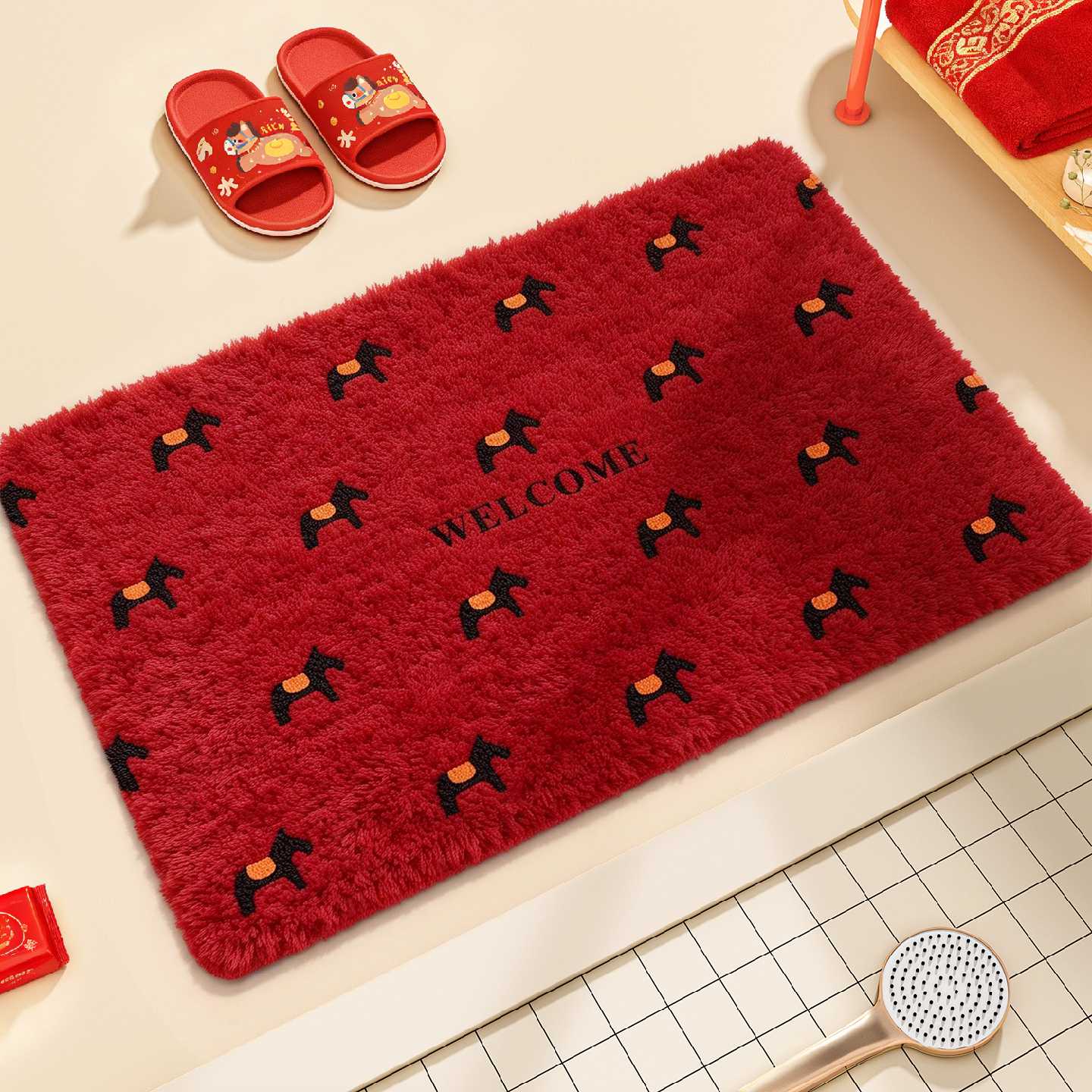 Red Year of the Horse Bathroom Floor Mat Bathroom Water-Absorbent Anti-Slip Mat 2026 New Toilet Door Plush Carpet