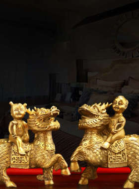 纯黄铜麒麟摆件麒麟客厅卧室装饰品一对家居创意饰品摆设