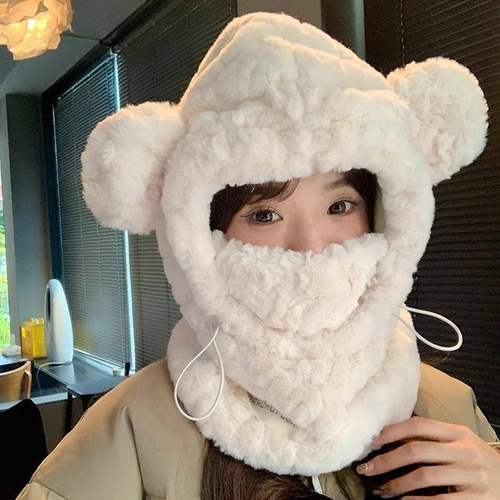 可爱毛绒帽子围脖一体口罩围巾女冬季儿童保暖面罩骑行防风头套 - 图2