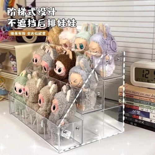 labubu三层展示架收纳娃娃神器亚克力坐坐派对搪胶毛绒玩偶置物架 - 图1