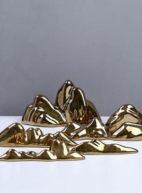 新国风软装枯山水微景观沙盘陶瓷金色假山艺术品摆件家居玄关摆设