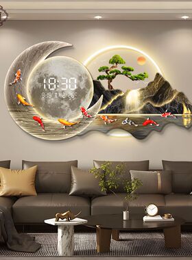 流水生财钟表挂钟客厅装饰画2026新款时钟挂墙餐厅挂画山水壁灯画