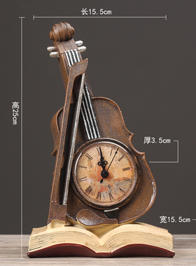 装饰钟摆件创意复古小提琴钟表客厅咖啡厅办公桌桌面座钟摆设品i.