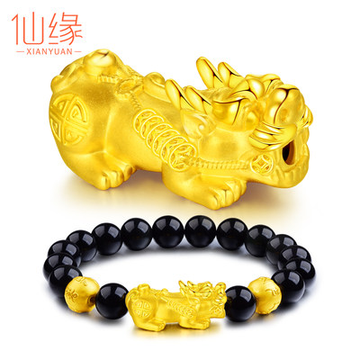 黄金貔貅手链男999足金貔貅转运珠纯金手镯女3d硬金皮丘玛瑙手串 虎窝淘