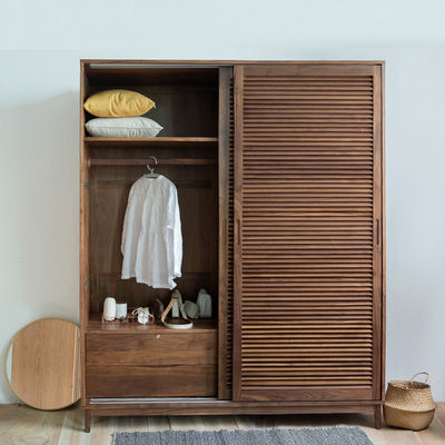 全实木橡木黑胡桃推拉门衣柜环保北欧百叶门格栅门双开轻奢玻璃门 虎窝淘