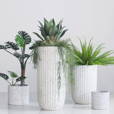 西西里北欧植物花盆大型落地玻璃钢石纹花器室内户外酒店商场摆设 虎窝淘