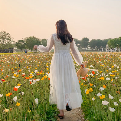 大码胖mm连衣裙夏12年新款胖妹妹长袖显瘦遮肚长裙白色仙女裙子 虎窝淘