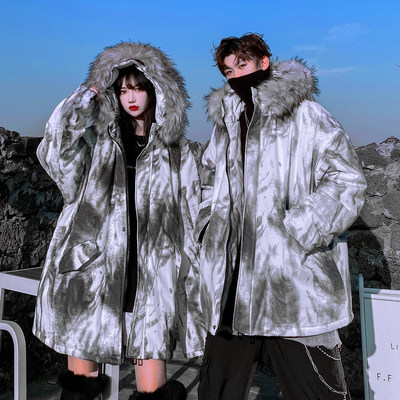 冬季高街中长款宽松加厚毛领棉服外套男女泼墨印花座山雕情侣棉衣 虎窝淘