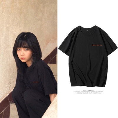 谭松韵同款衣服简约英文字母黑色短袖纯棉t恤女周边印花ins宽松夏 虎窝淘
