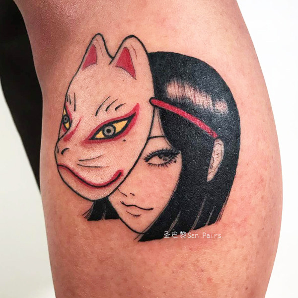 富江漫画纹身贴防水男女持久暗黑少女狐狸面面具日式般若复古刺青 虎窝淘