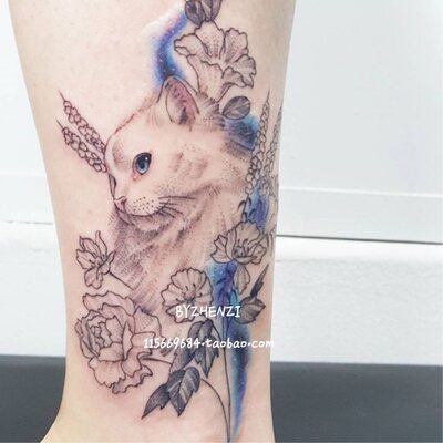 Byzhenzi纹身疤痕贴身上大图案大腿仿真防水贴纸猫咪花女刺青 虎窝淘