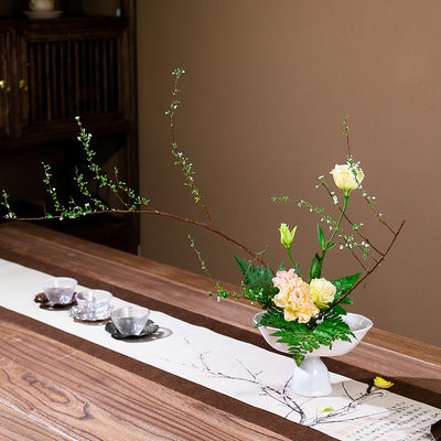 剑山日式花道小原流直立开放花型陶瓷金边公主花器花道插花器皿 虎窝淘