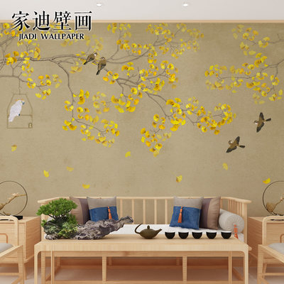 古风中式花鸟壁画电视背景墙壁纸客厅卧室家装墙纸银杏叶无缝墙布 虎窝淘