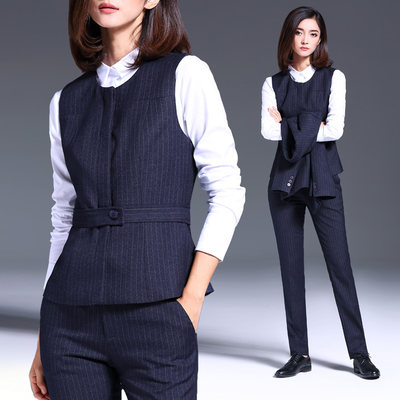 西装马甲女职业女裤套装时尚气质商务正装女士条纹西服面试两件套 虎窝淘