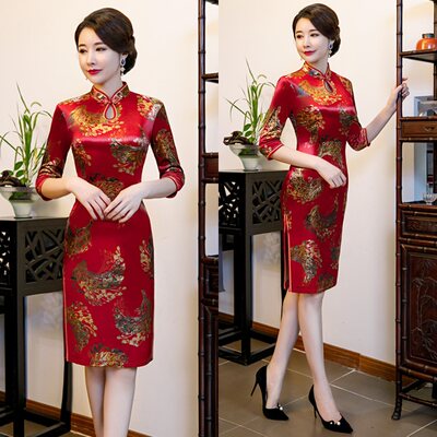 旗袍中年女妈妈端庄大气改良中国风21春秋新款中袖中长款连衣裙 虎窝淘