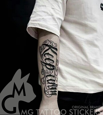 Mg纹身贴 手绘tattoo 英文花体 保持冷静 花臂纹身贴纸防水男女 虎窝淘