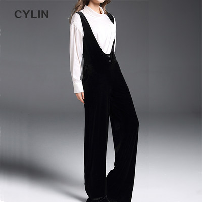 Cylin 17秋丝绒天鹅绒直筒连体长裤背带裤 虎窝淘