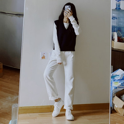 小个子白色牛仔裤女直筒宽松高腰150cm阔腿裤显高显瘦145拖地裤子 虎窝淘