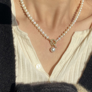天然强光淡水珍珠镶钻OT扣项链轻奢小众设计ins冷淡风锁骨链女