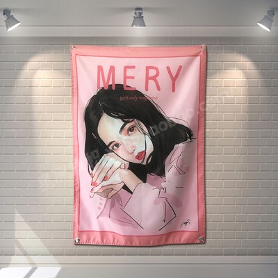 日式手绘风mery美少女粉色房间室内居家宿舍装饰挂布墙布自拍背景 虎窝淘