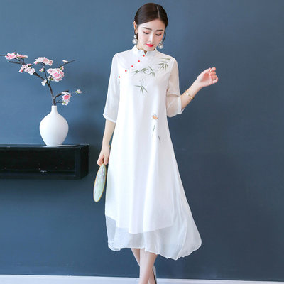 素雅茶服禅意改良旗袍连衣裙中国风超仙气复古宽松茶艺服装女春夏 虎窝淘
