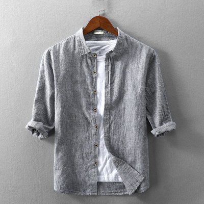夏季七分袖亚麻衬衫男士条纹宽松棉麻衬衣薄款短袖休闲夏装上衣男 虎窝淘