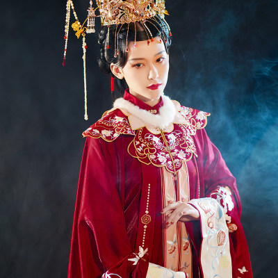 摸鱼儿明制 花嫁 立领对襟长衫大袖刺绣云肩女装原创汉服全款 虎窝淘