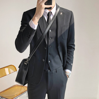 韩国西服男三件套潮流修身痞帅英伦风单排扣小西装马甲男正装休闲 虎窝淘