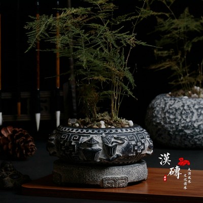中国风仿古花盆圆形四面浮雕水泥盆禅意绿植摆件盆栽景观盆景花盆 虎窝淘