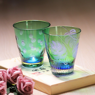 金致江户切子玻璃杯人工雕刻玻璃杯手工制作鸡尾酒杯双层套色玻璃 虎窝淘