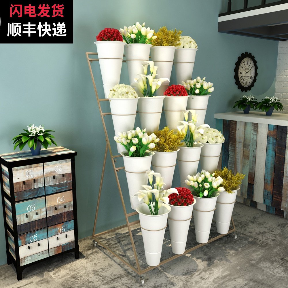 恒延北欧金色大号花店花架可移动铁艺多层鲜花展示架塑料花桶架子