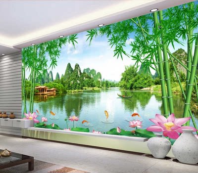 山水风景画中式自粘墙贴大型壁画客厅电视背景墙画墙壁纸山清水秀 虎窝淘