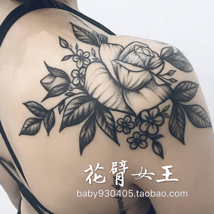 花臂少女tattoo D91 黑白花朵叶子性感肩膀后背纹身贴 虎窝淘
