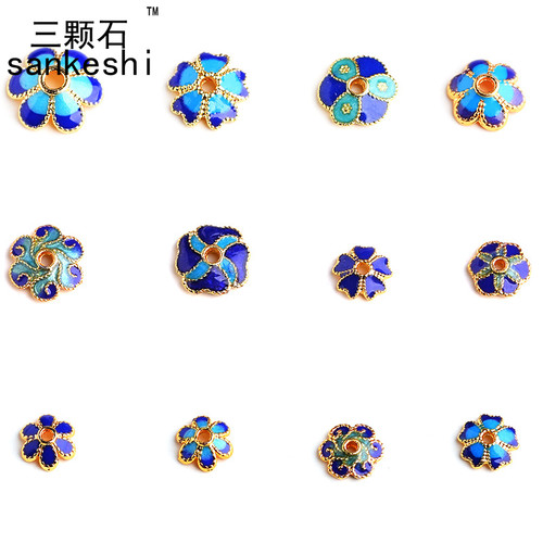 滴油藏银配件掐丝景泰蓝花托佛珠配珠镀金纯黄铜烧蓝花托配件