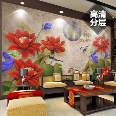 中国风电视机背景墙壁纸新中式复古客厅卧室荷花墙纸定制壁画墙布 虎窝淘