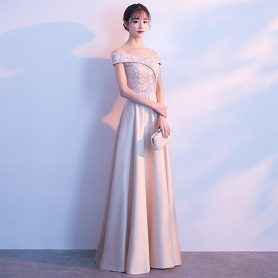 宴会小晚礼服裙新款气质一字肩长款年会伴娘服女高端平时可穿 虎窝淘
